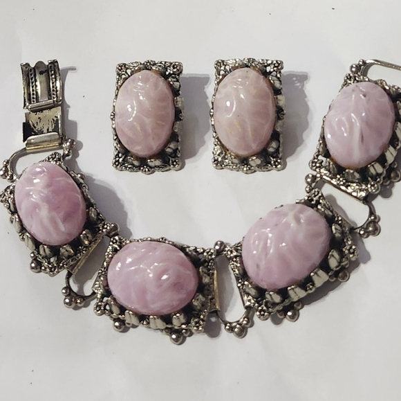 Vtg Selro Selini Unsigned Light Pink Silver Tone Chunky Bracelet Earrings Set - Picture 5 of 5